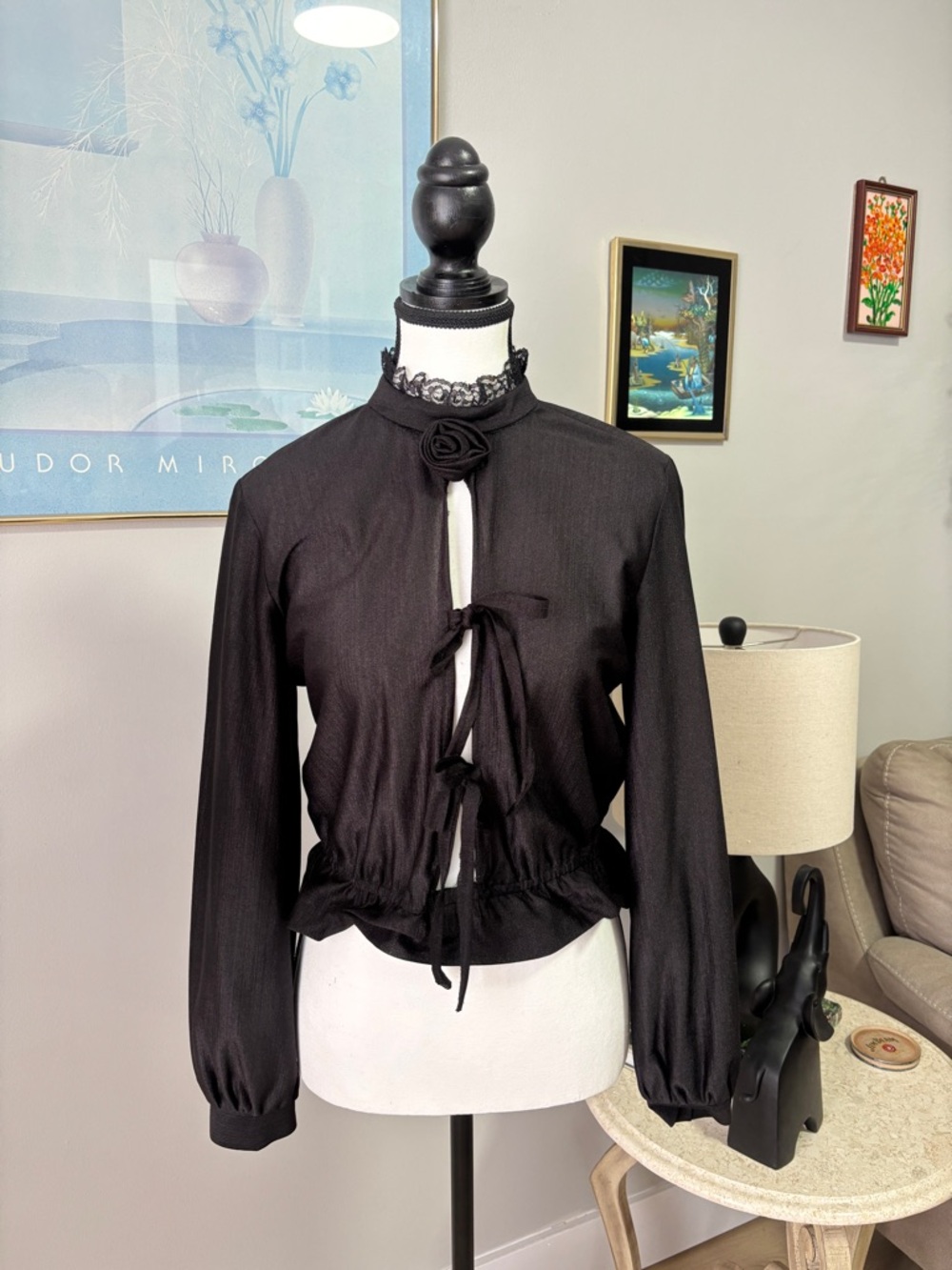 Black Tie-Front Long Sleeve Women's Top